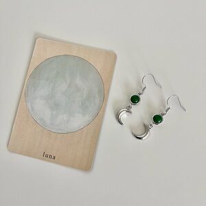 Silver Crescent Moon Earrings with Green Stone